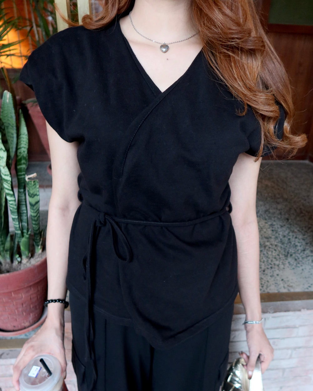 Black Wrap Top & Wide-Leg Trouser Set